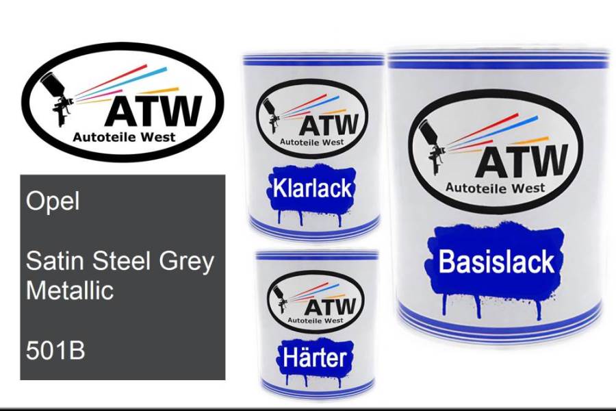 Opel, Satin Steel Grey Metallic, 501B: 1L Lackdose + 1L Klarlack + 500ml Härter - Set, von ATW Autoteile West.